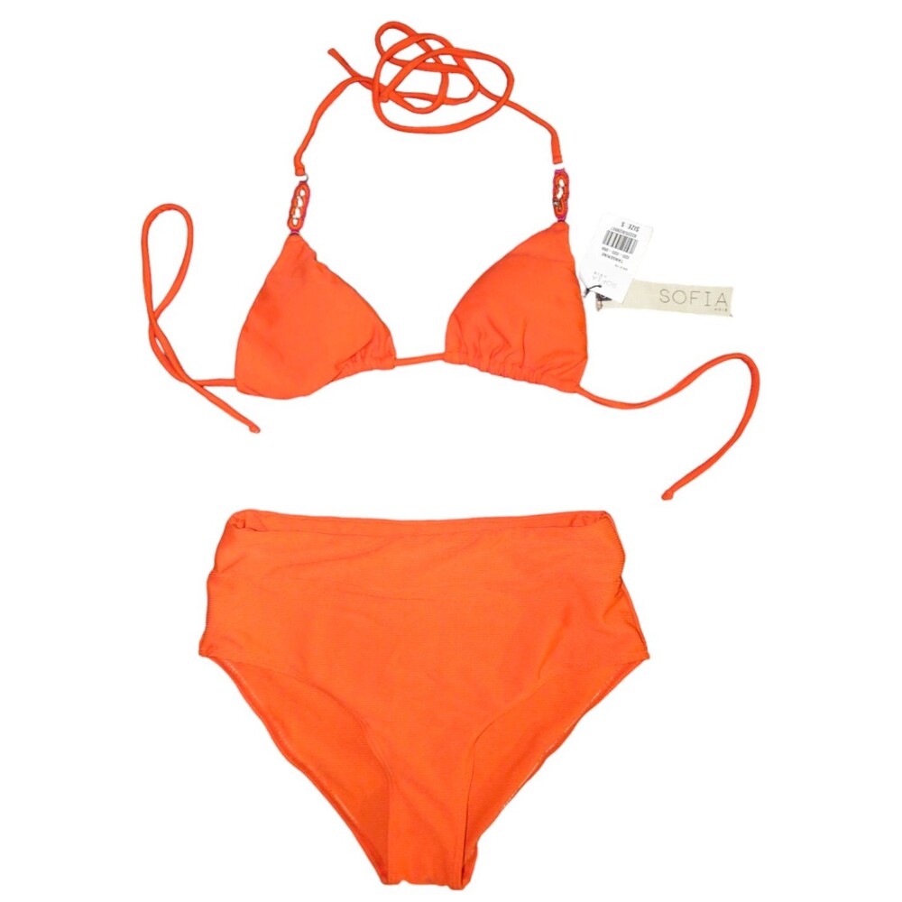 Sofia By Vix Orange Triangle Bikini Top & Unbranded Ribbed Hi Waist Bottom Sz S